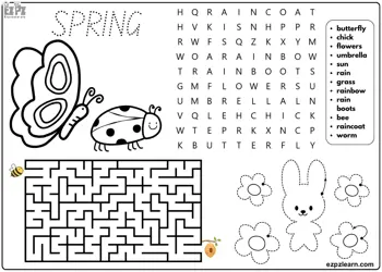 Spring Season Vocabulary For Kids. Includes: Word Search, Tracing, and Maze Activities. Free PDF Download